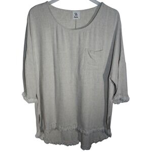 Bungalows Womens Linen Blend Fringe Trim Top Beige C2046 Medium